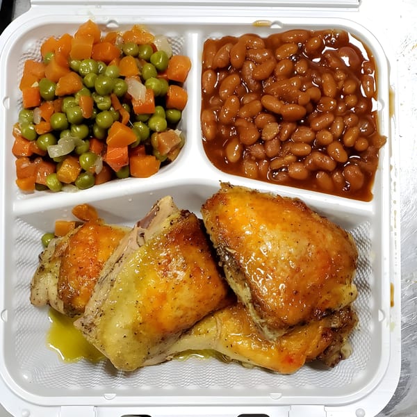 Village BBQ meal with roasted chicken, baked beans, and mixed peas and carrots in a takeout container.